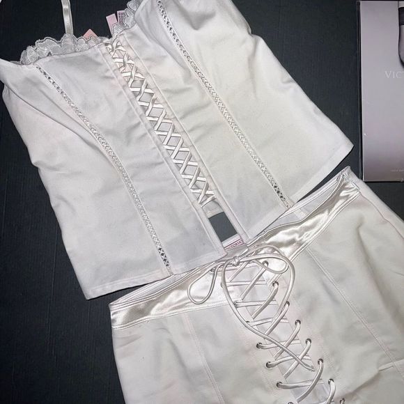 Victoria's Secret M,L CORSET SET+GARTER SKIRT CANVAS lace up CREAM WHITE BRIDAL - Picture 2 of 4